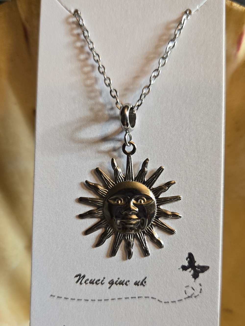 Sun Face Pendant Necklace - Stainless Steel Silver Tone
